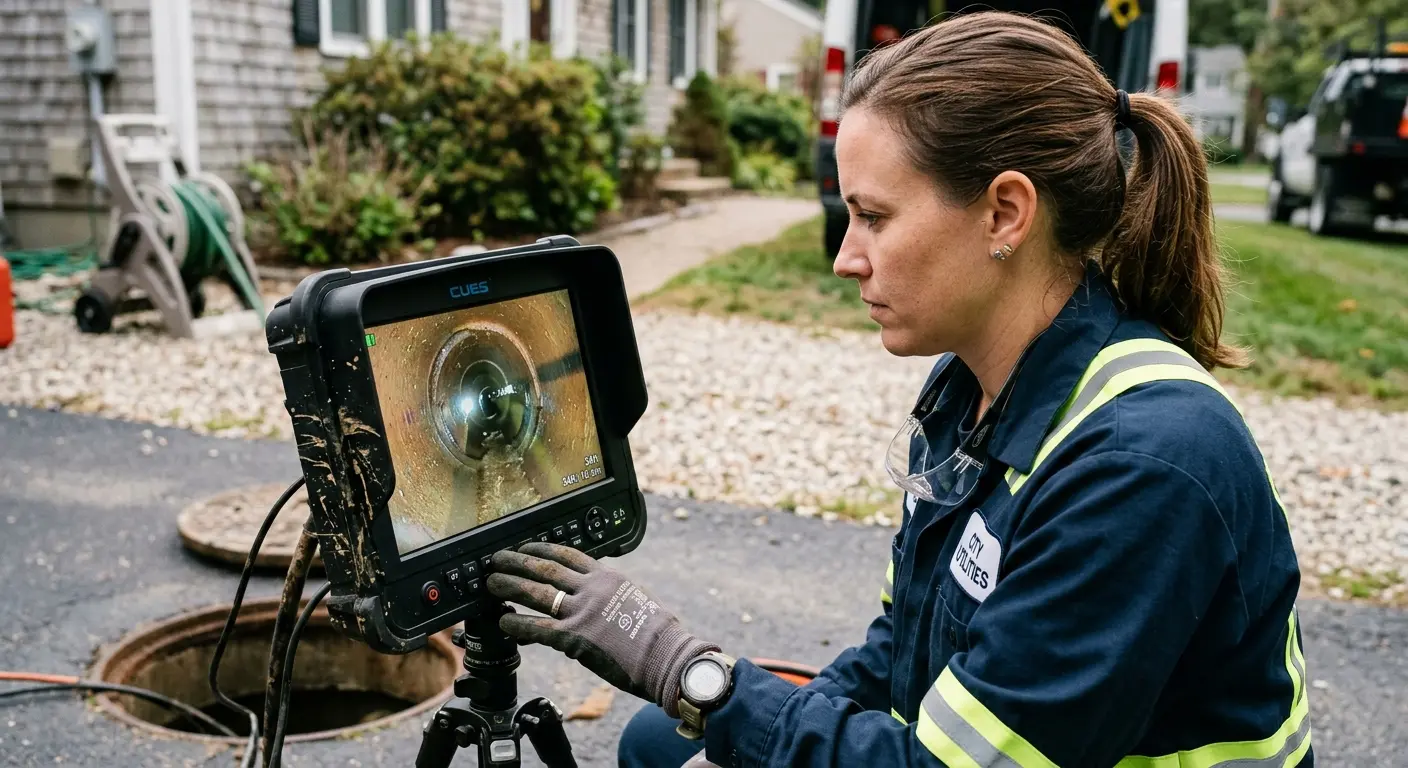 Technician reviewing sewer camera inspection footage in Corinth