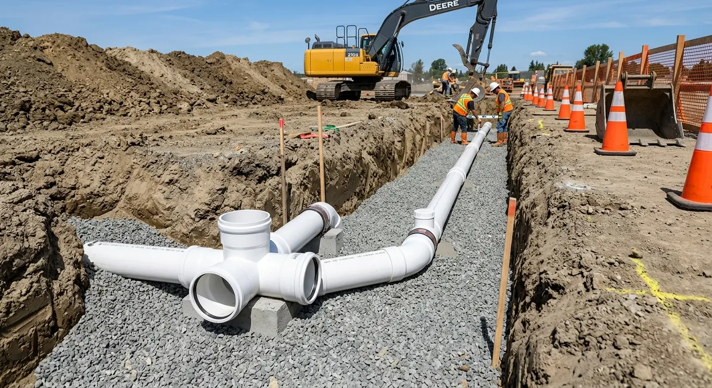New PVC sewer pipe installation in open trench for Commercial Drain Cleaning in Corinth
