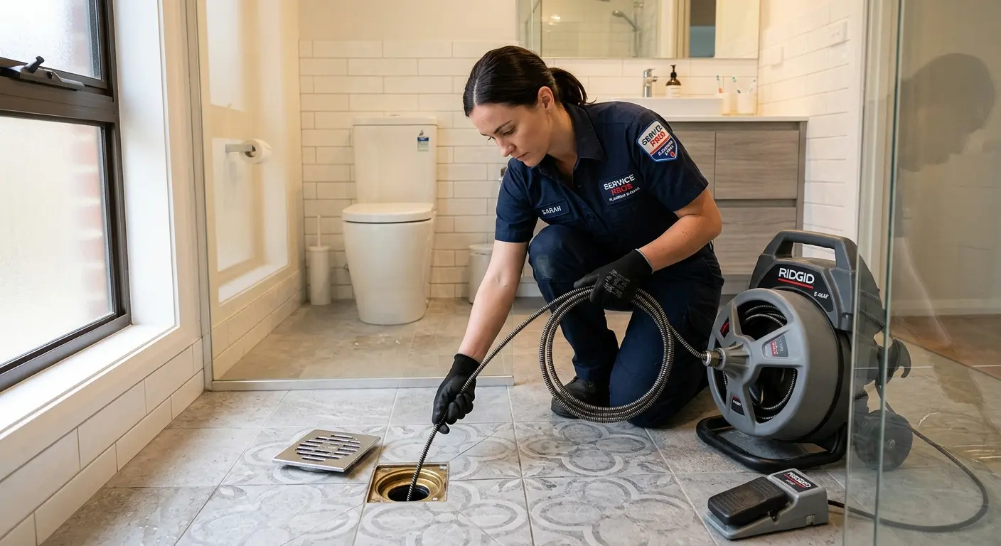 Technician clearing a bathroom floor drain for Sewer Line Installation in Corinth
